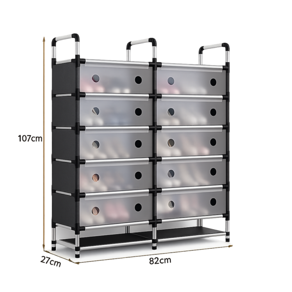 Zapatero Organizador Doble de 10 Compartimentos | Ahorra Espacio Zapatero organizador doble de 10 compartimentos con puertas translúcidas, ideal para organizar zapatos y ahorrar espacio en el hogar.