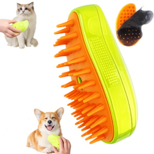 Cepillo vaporizador 3 en 1 para perros y gatos con función de vapor y carga USB.