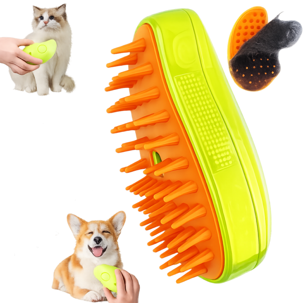 Cepillo Vaporizador 3 en 1 para Mascotas Cepillo vaporizador 3 en 1 para perros y gatos con función de vapor y carga USB.
