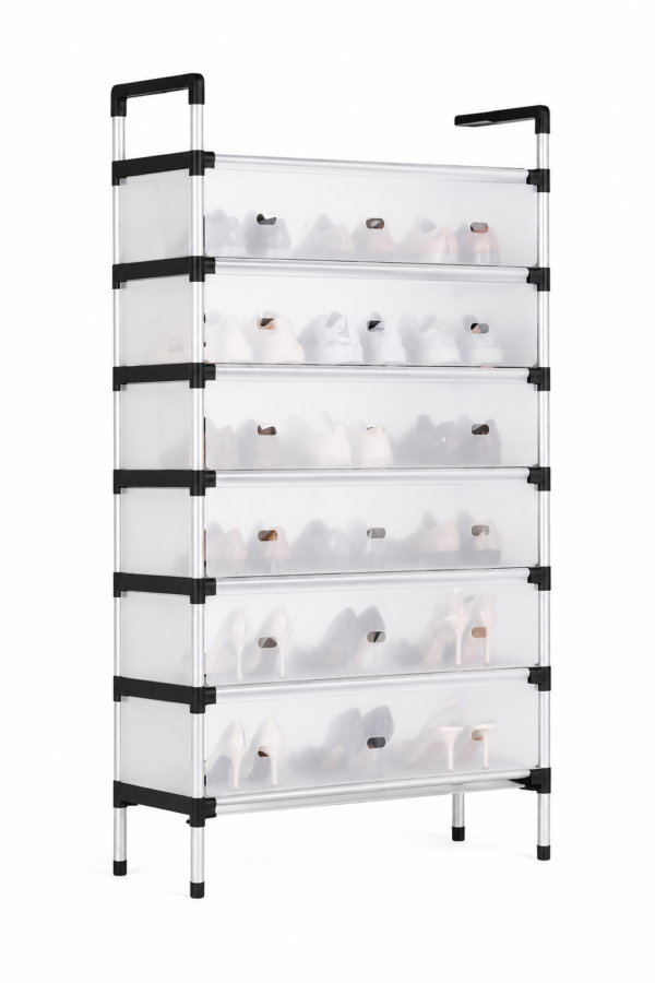 Zapatero organizador de 7 niveles con cubierta antipolvo para almacenar hasta 26 pares de zapatos.